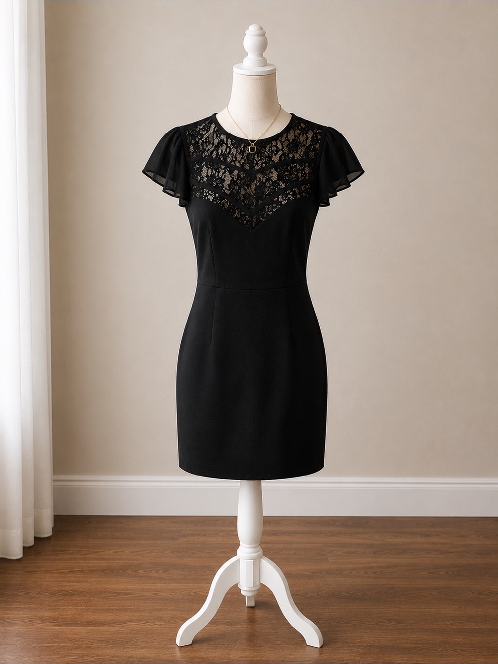 BCBGeneration Black Lace Yoke Flutter Sleeve Mini Dress